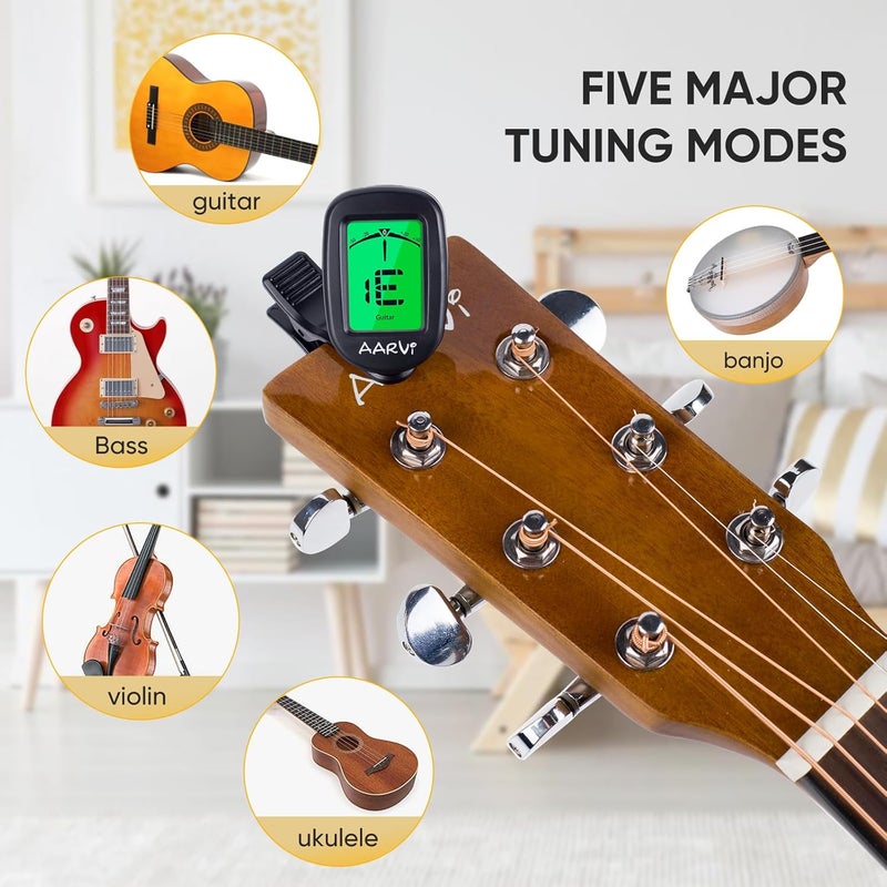Aarvi Clip On Guitar Tuner 5 Pack for All Instruments, Acoustic/Electric Guitar, Ukulele, Bass, Violin, Banjo, Large Clear LCD Display for Guitar Tuner, Chromatic Tuner, 20 Pack Guitar Picks Included - Image 3